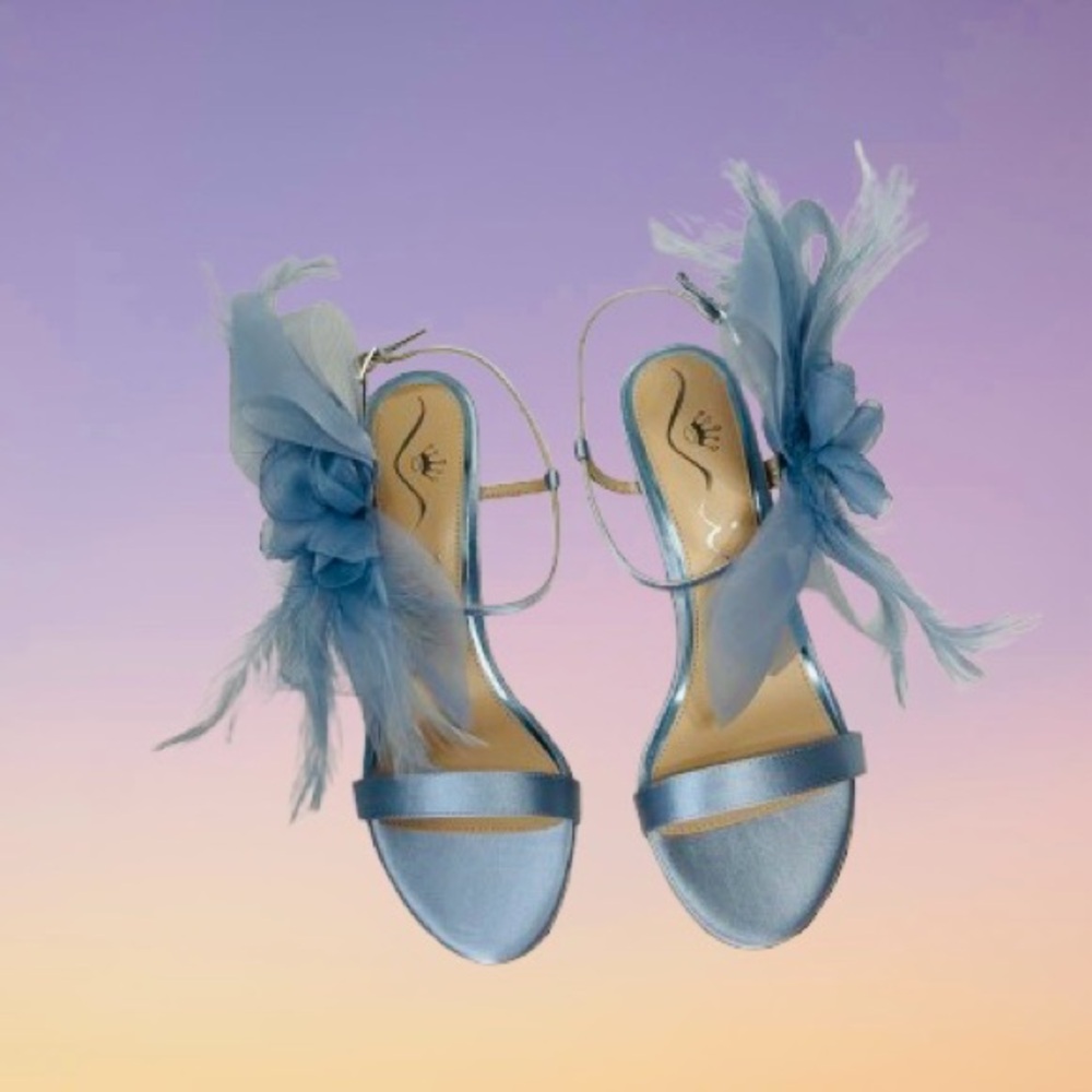 Nina Women Sheryl Almond Toe Dress Sandals 9.5 M Icy Blue Crystal Satin/Feather - Picture 9 of 16